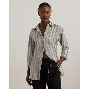 Lauren Ralph Lauren Women's Relaxed Fit Striped Satin Shirt Blouse Black Cream M